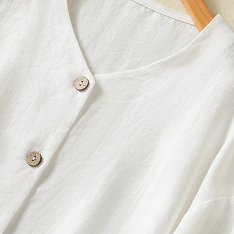 Spring Plain Buttons Design V-Neck Long Sleeve Women's Cotton Linen Shirt - Image 13