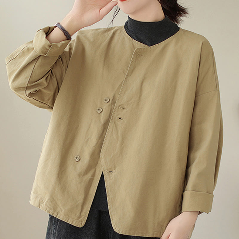 Spring Plain Asymmetry Design Long Sleeve Women's Cotton Linen Jacket With Pockets
