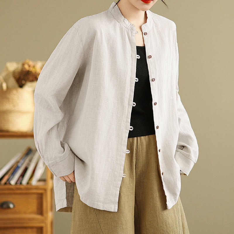 Solid Color Front Buttons Design Long Sleeve Women's Cotton Linen Shirt