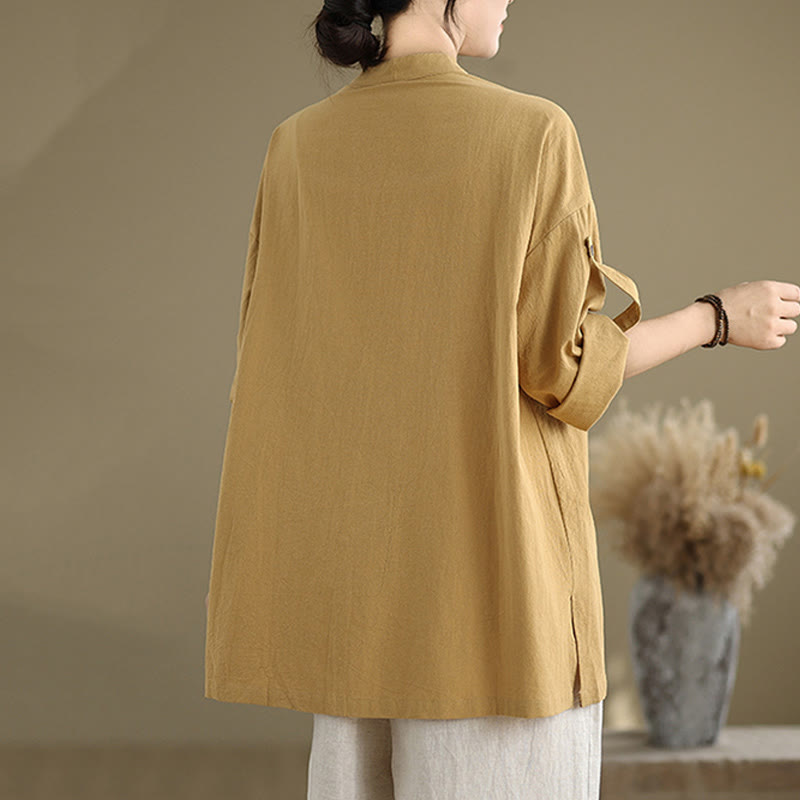 Commute Pure Color Long Sleeve Women's Cotton Linen Shirt With Pocket - Image 3