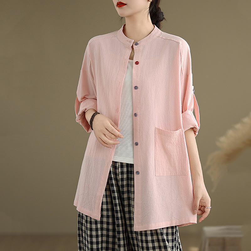 Commute Pure Color Long Sleeve Women's Cotton Linen Shirt With Pocket - Image 19