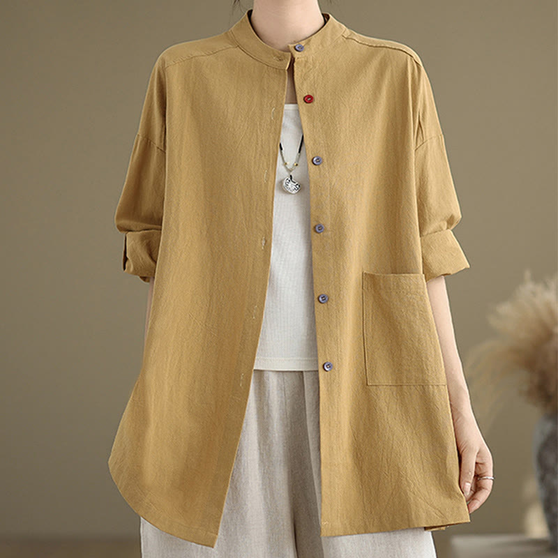 Commute Pure Color Long Sleeve Women's Cotton Linen Shirt With Pocket - Image 5