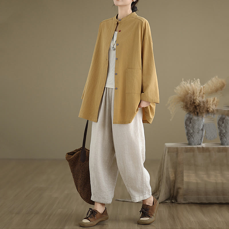 Commute Pure Color Long Sleeve Women's Cotton Linen Shirt With Pocket - Image 6