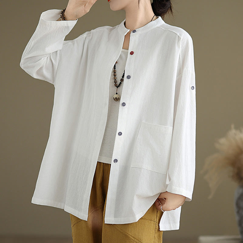 Commute Pure Color Long Sleeve Women's Cotton Linen Shirt With Pocket - Image 14