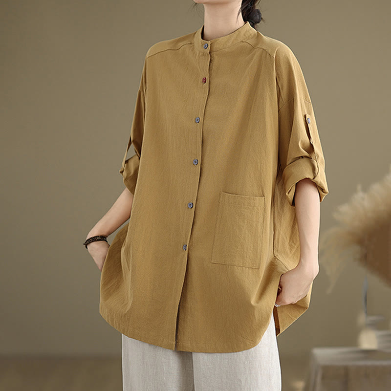 Commute Pure Color Long Sleeve Women's Cotton Linen Shirt With Pocket - Image 4