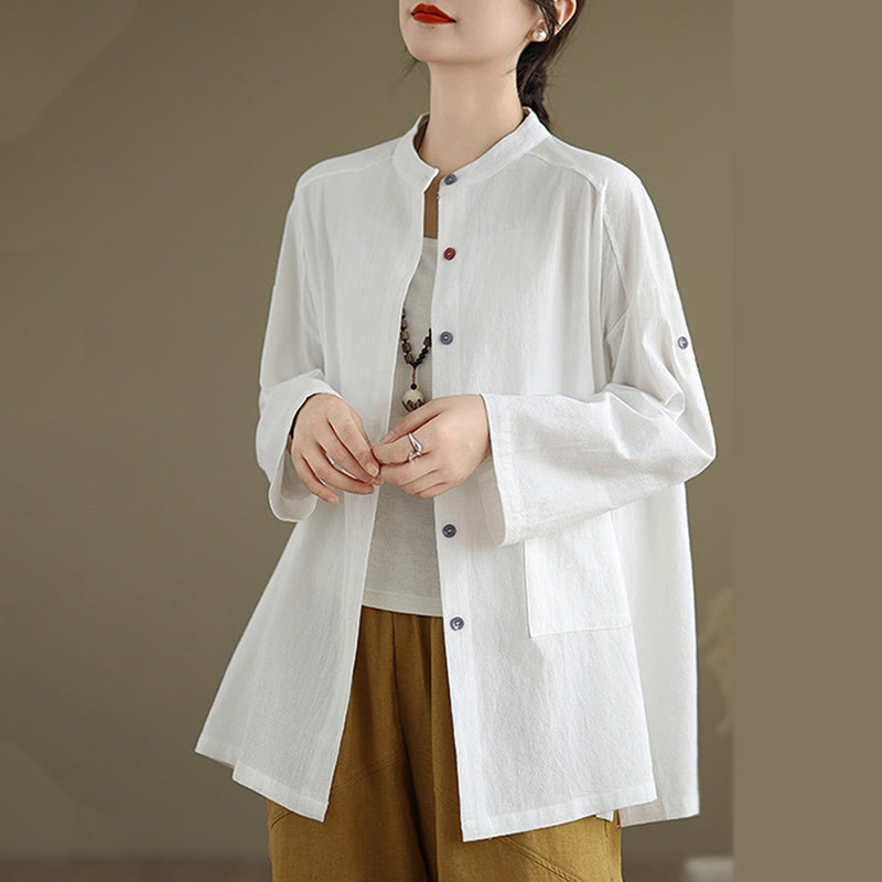 Commute Pure Color Long Sleeve Women's Cotton Linen Shirt With Pocket - Image 13