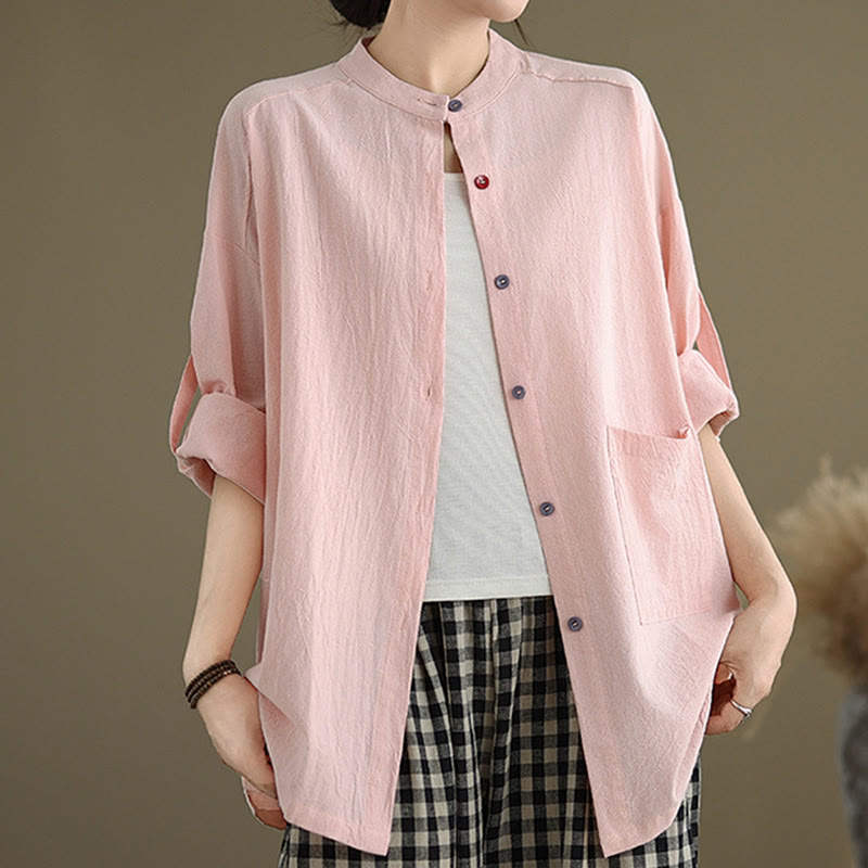 Commute Pure Color Long Sleeve Women's Cotton Linen Shirt With Pocket - Image 18