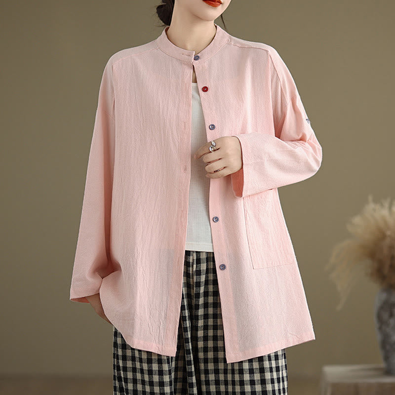 Commute Pure Color Long Sleeve Women's Cotton Linen Shirt With Pocket - Image 17
