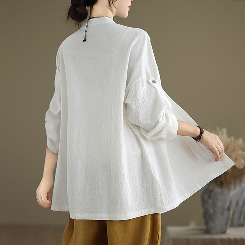 Commute Pure Color Long Sleeve Women's Cotton Linen Shirt With Pocket - Image 15