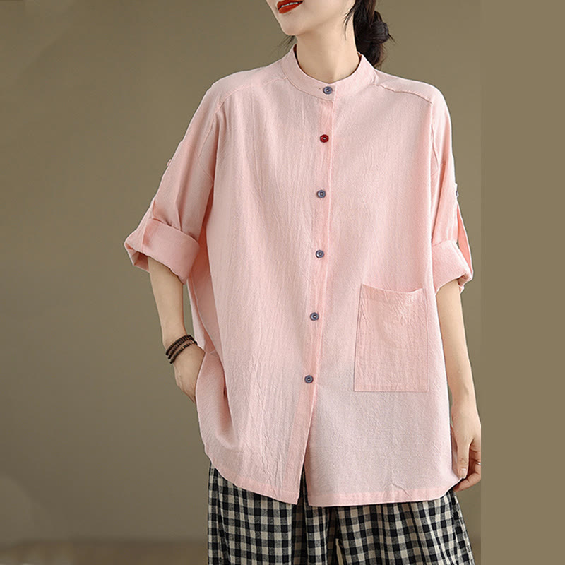 Commute Pure Color Long Sleeve Women's Cotton Linen Shirt With Pocket - Image 22