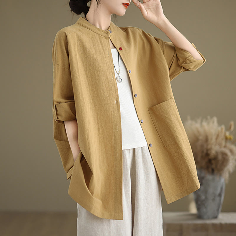 Commute Pure Color Long Sleeve Women's Cotton Linen Shirt With Pocket