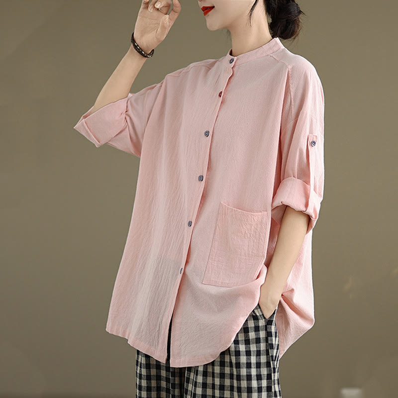 Commute Pure Color Long Sleeve Women's Cotton Linen Shirt With Pocket - Image 20