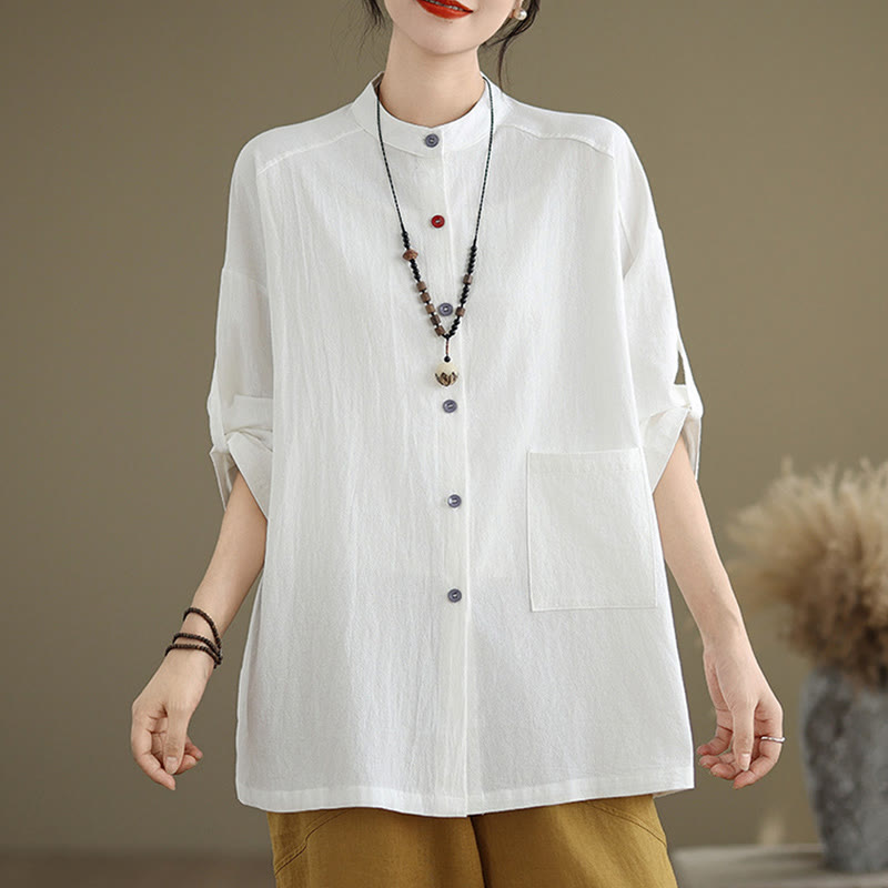 Commute Pure Color Long Sleeve Women's Cotton Linen Shirt With Pocket - Image 12