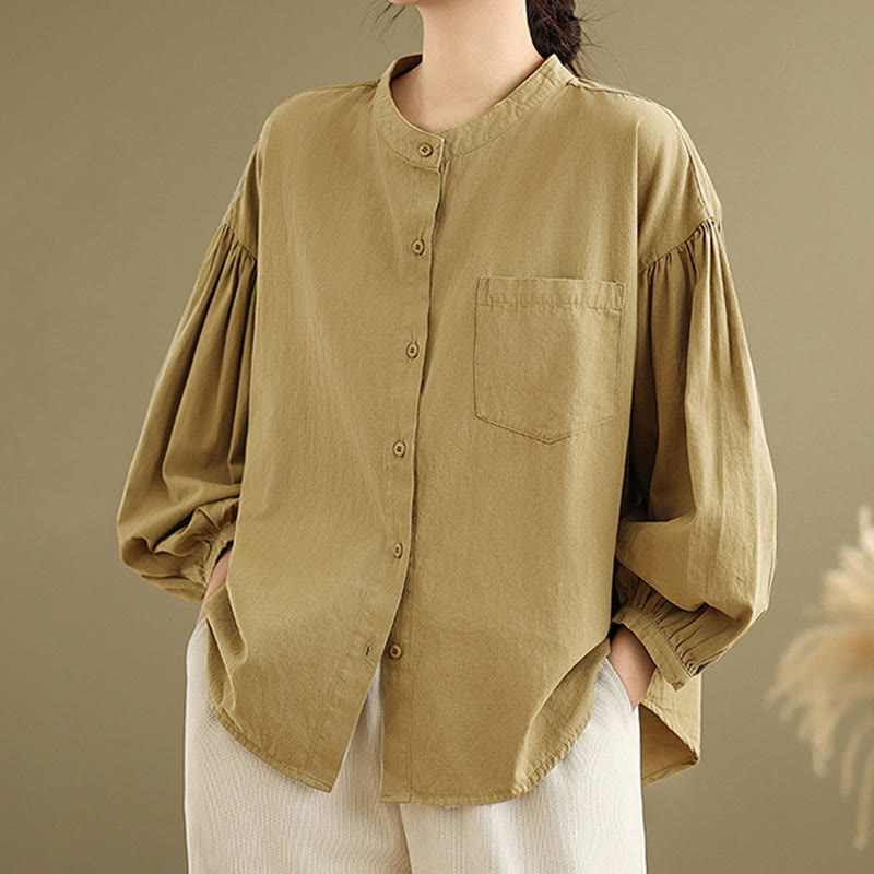 Commute Half Buttons Accordion Pleats Design Women's Cotton Linen Long Sleeve Shirt