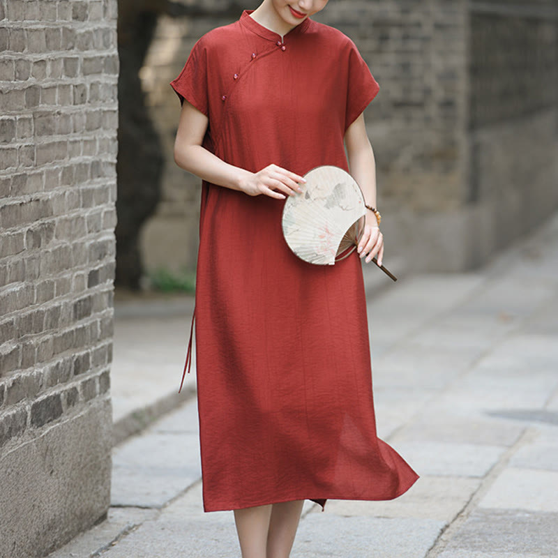 Plain Cheongsam Lace-Up Design Cotton Linen Short Sleeve Midi Dress