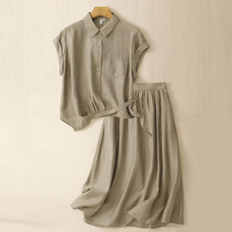 2Pcs Short Sleeve Shirt 7-8 Length Skirt With Pockets Cotton Linen Women's Set