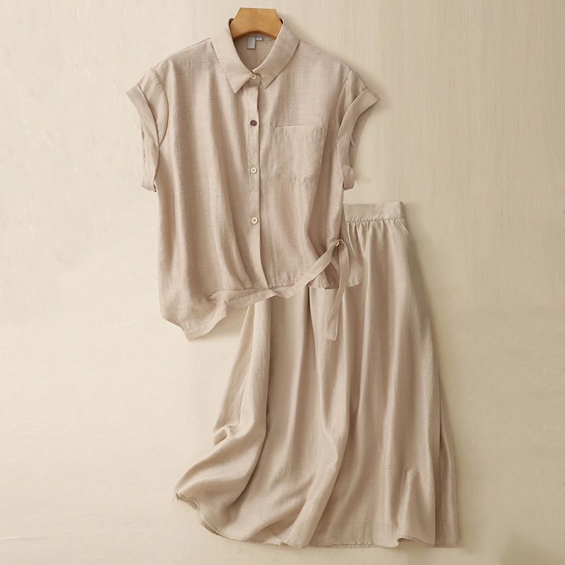 2Pcs Short Sleeve Shirt 7-8 Length Skirt With Pockets Cotton Linen Women's Set - Image 15
