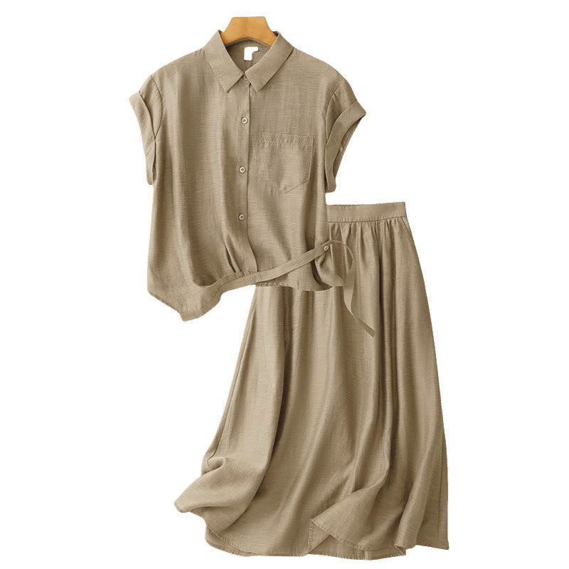 2Pcs Short Sleeve Shirt 7-8 Length Skirt With Pockets Cotton Linen Women's Set - Image 14