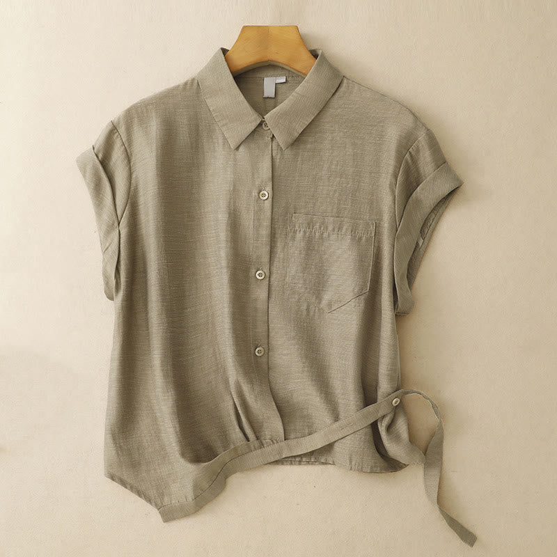 2Pcs Short Sleeve Shirt 7-8 Length Skirt With Pockets Cotton Linen Women's Set - Image 3