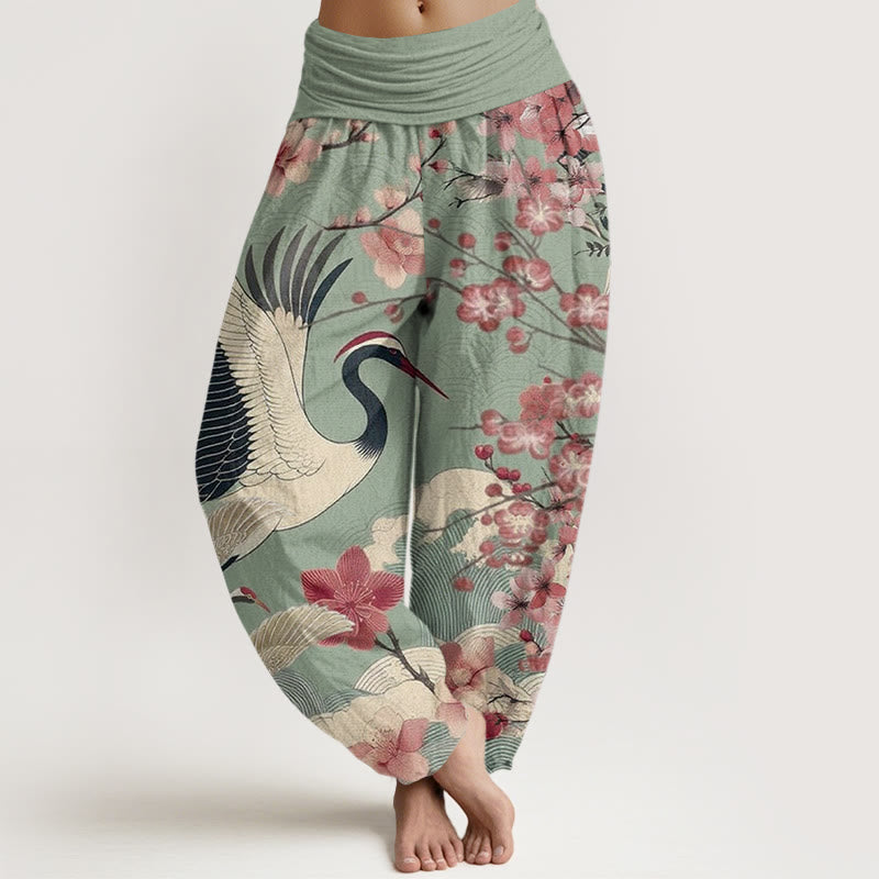 Casual Crane Cherry Blossom Design Pattern Women's Elastic Waist Harem Pants