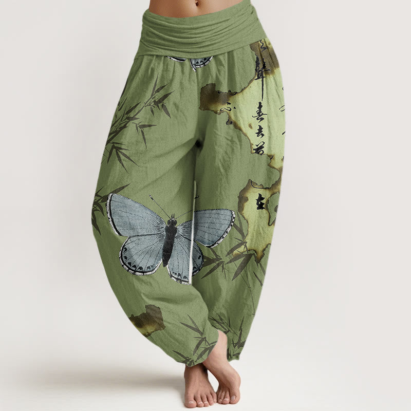 Casual Butterfly Bamboo Leaf Calligraphy Pattern Women's Elastic Waist Harem Pants