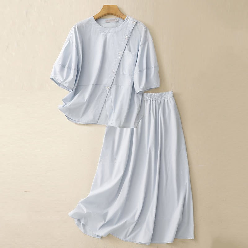 2pcs Irregular Button Half Sleeve Shirt Skirt With Pockets Cotton Clothing Women's Set