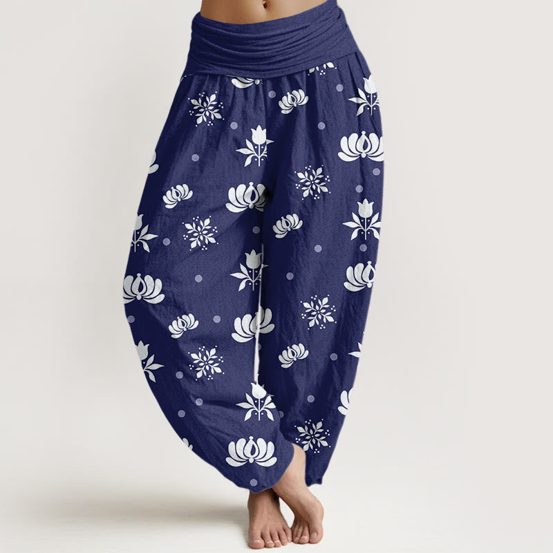 Casual Lotus Small Dots Pattern Women's Elastic Waist Harem Pants