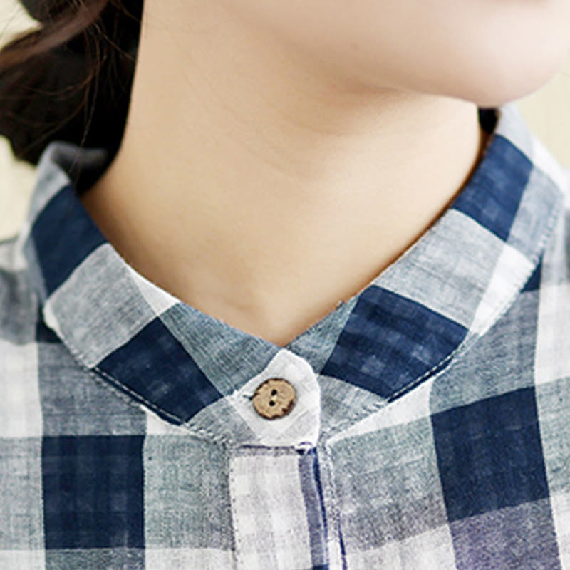 Plaid Pattern Half Sleeve Cotton Linen Midi Dress With Pockets - Image 14