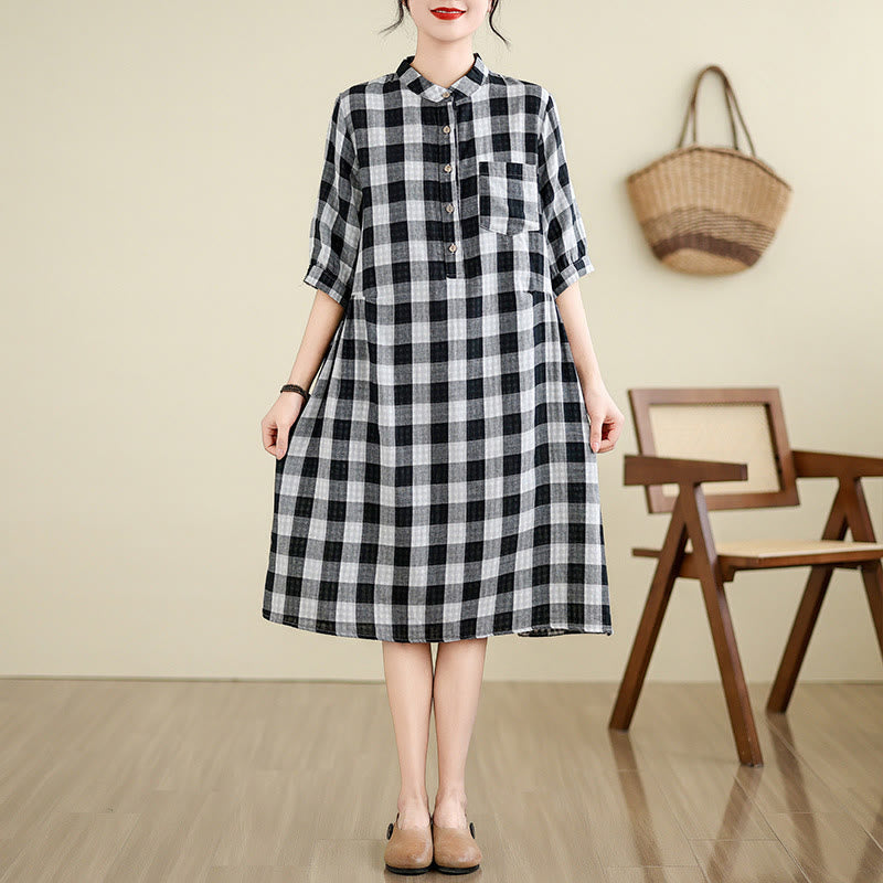 Plaid Pattern Half Sleeve Cotton Linen Midi Dress With Pockets - Image 8