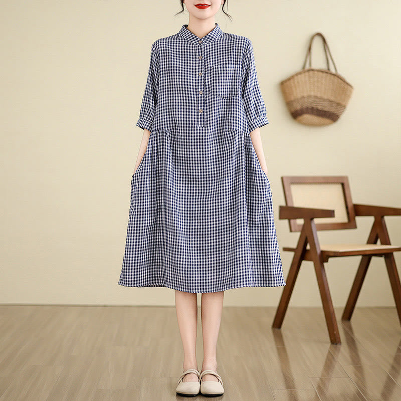 Plaid Pattern Half Sleeve Cotton Linen Midi Dress With Pockets - Image 4