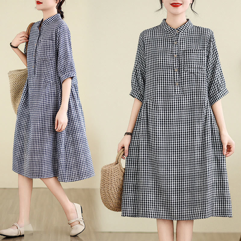 Plaid Pattern Half Sleeve Cotton Linen Midi Dress With Pockets - Image 18