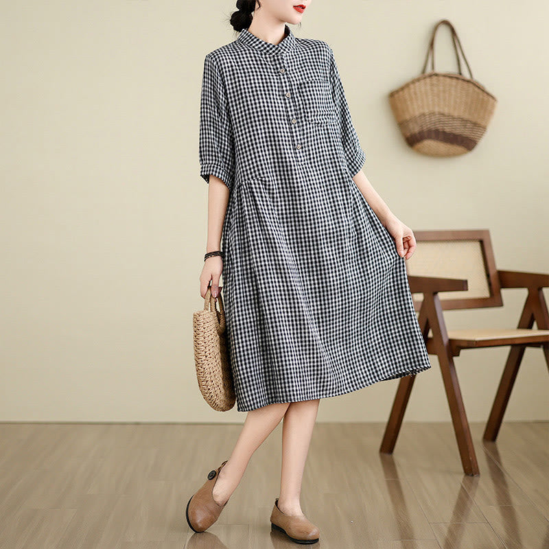 Plaid Pattern Half Sleeve Cotton Linen Midi Dress With Pockets