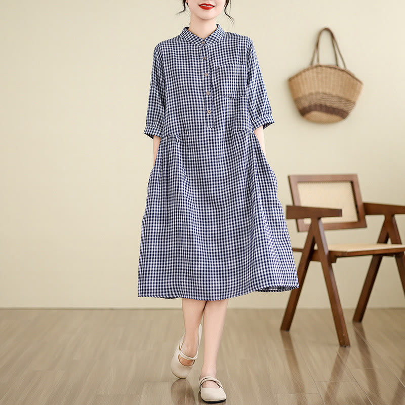 Plaid Pattern Half Sleeve Cotton Linen Midi Dress With Pockets - Image 6