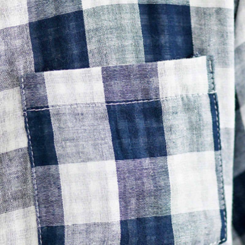 Plaid Pattern Half Sleeve Cotton Linen Midi Dress With Pockets - Image 15