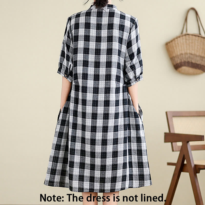 Plaid Pattern Half Sleeve Cotton Linen Midi Dress With Pockets - Image 9