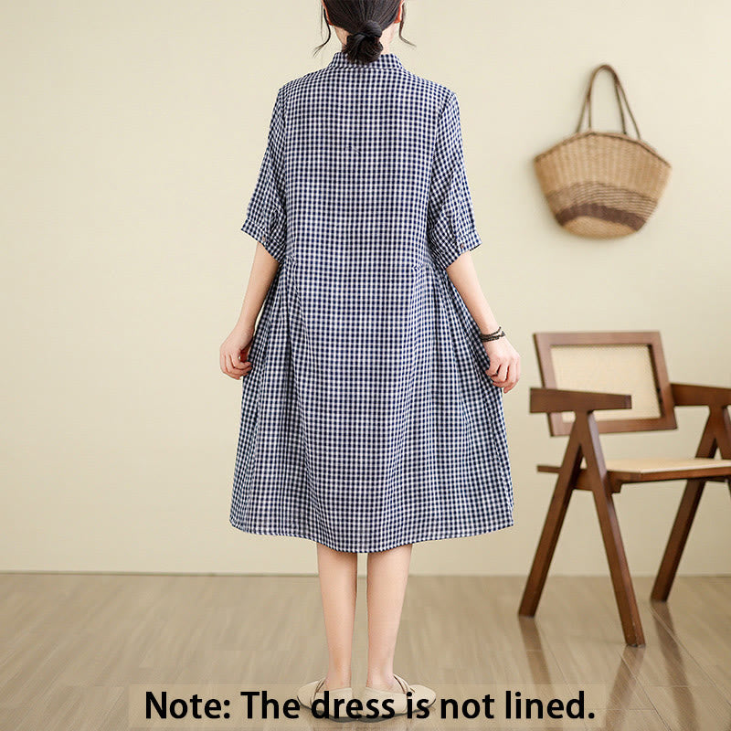 Plaid Pattern Half Sleeve Cotton Linen Midi Dress With Pockets - Image 5