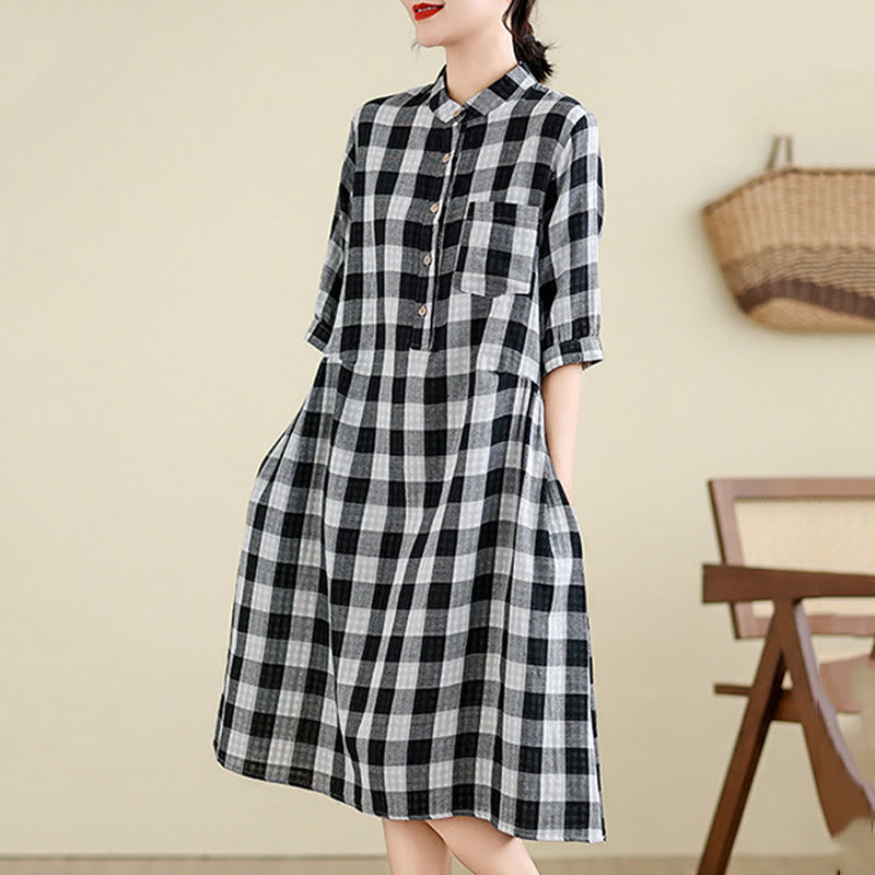 Plaid Pattern Half Sleeve Cotton Linen Midi Dress With Pockets - Image 12