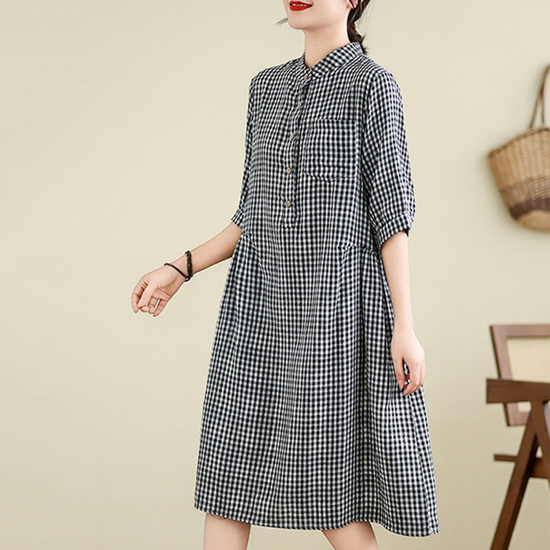 Plaid Pattern Half Sleeve Cotton Linen Midi Dress With Pockets - Image 3