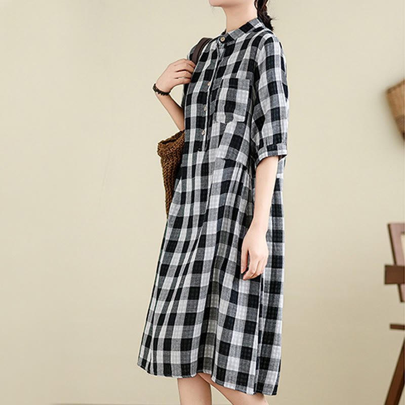 Plaid Pattern Half Sleeve Cotton Linen Midi Dress With Pockets - Image 13