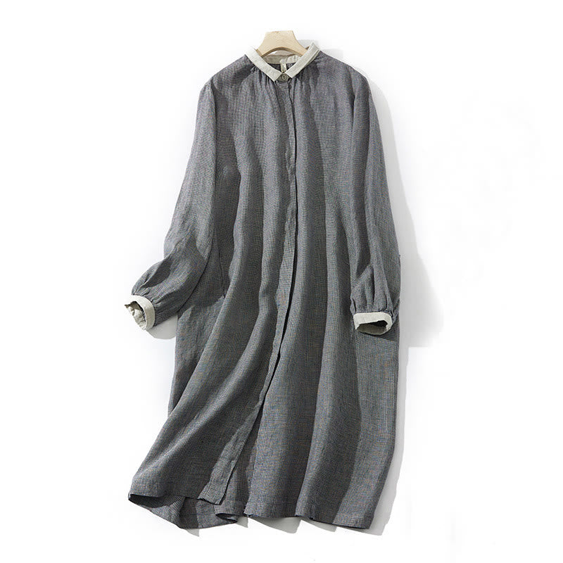 Commute DimGray Plaid Lantern Long Sleeve Cotton Linen Midi Dress With Pockets
