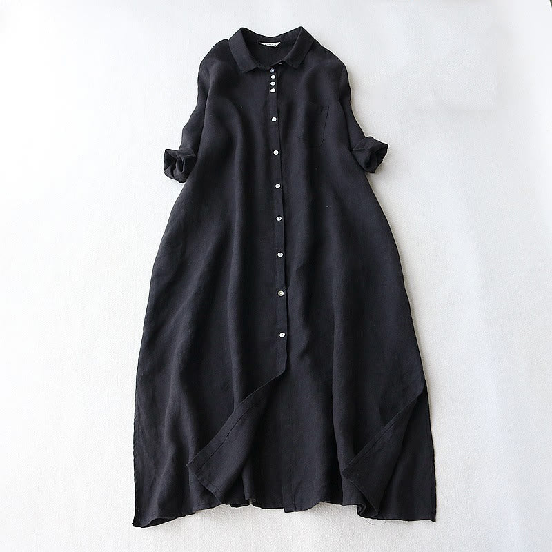Buttons Design Lapel Three Quarter Sleeve Cotton Linen Midi Dress With Pockets