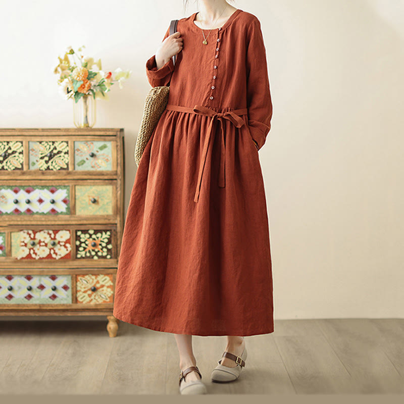 OrangeRed Lace-Up Design Long Sleeve Cotton Midi Dress With Pockets - Image 3