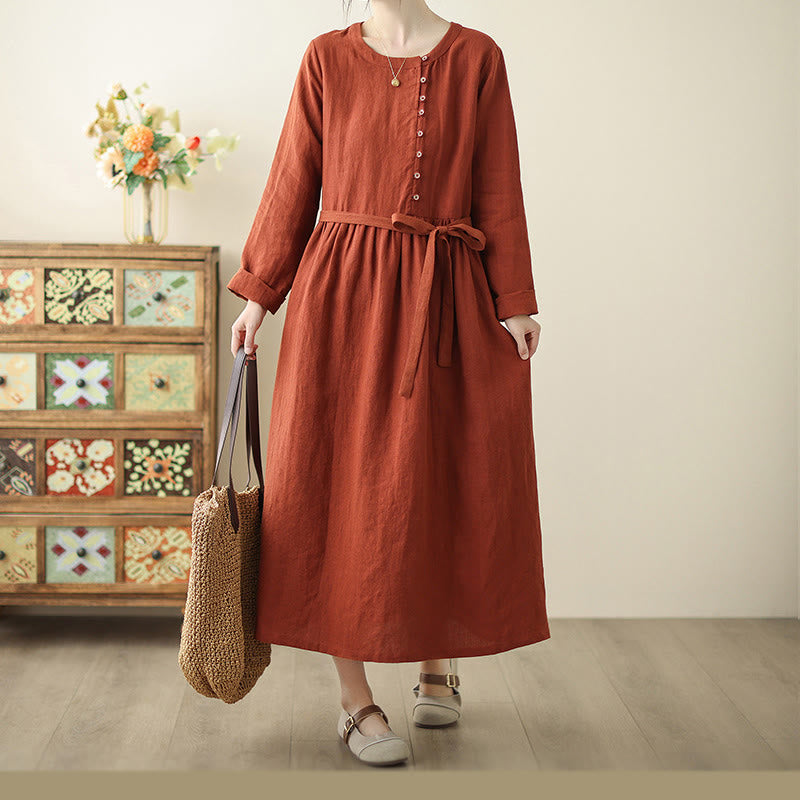 OrangeRed Lace-Up Design Long Sleeve Cotton Midi Dress With Pockets - Image 5