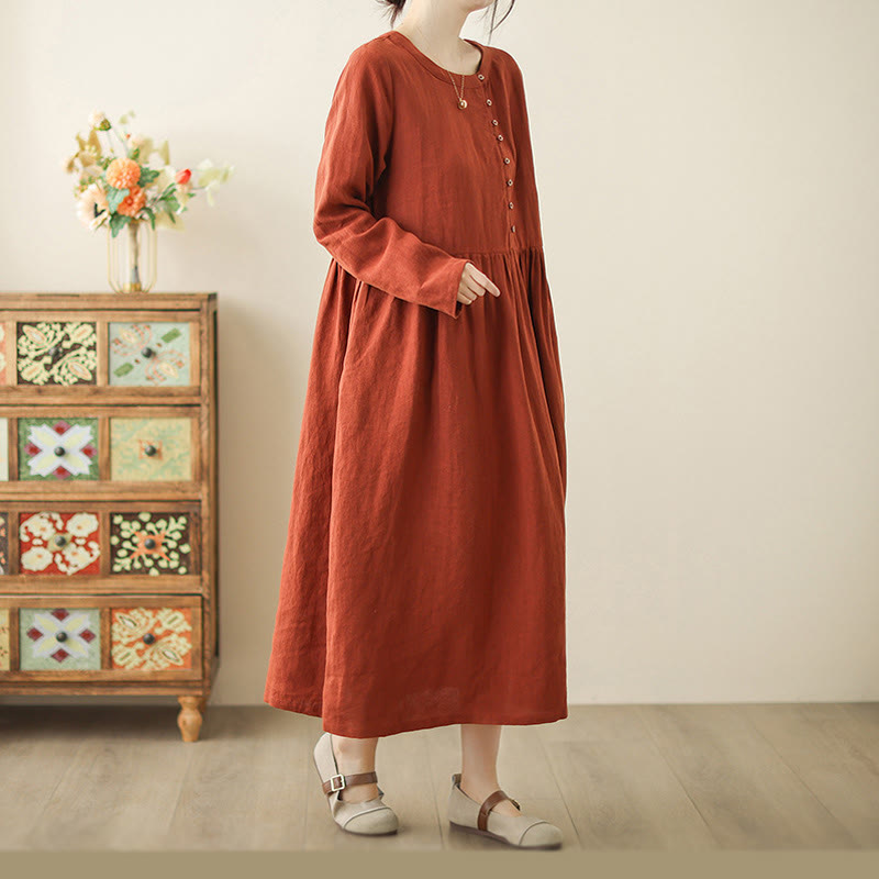 OrangeRed Lace-Up Design Long Sleeve Cotton Midi Dress With Pockets - Image 4