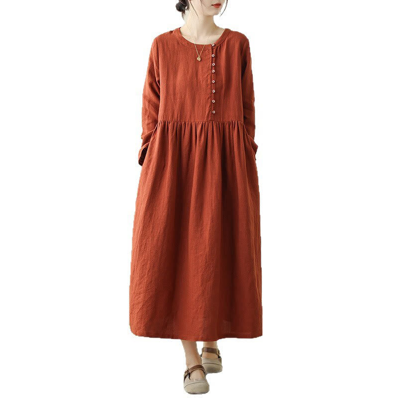OrangeRed Lace-Up Design Long Sleeve Cotton Midi Dress With Pockets - Image 7