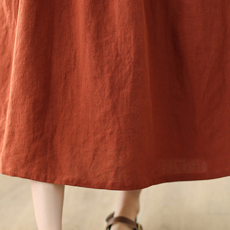OrangeRed Lace-Up Design Long Sleeve Cotton Midi Dress With Pockets - Image 14