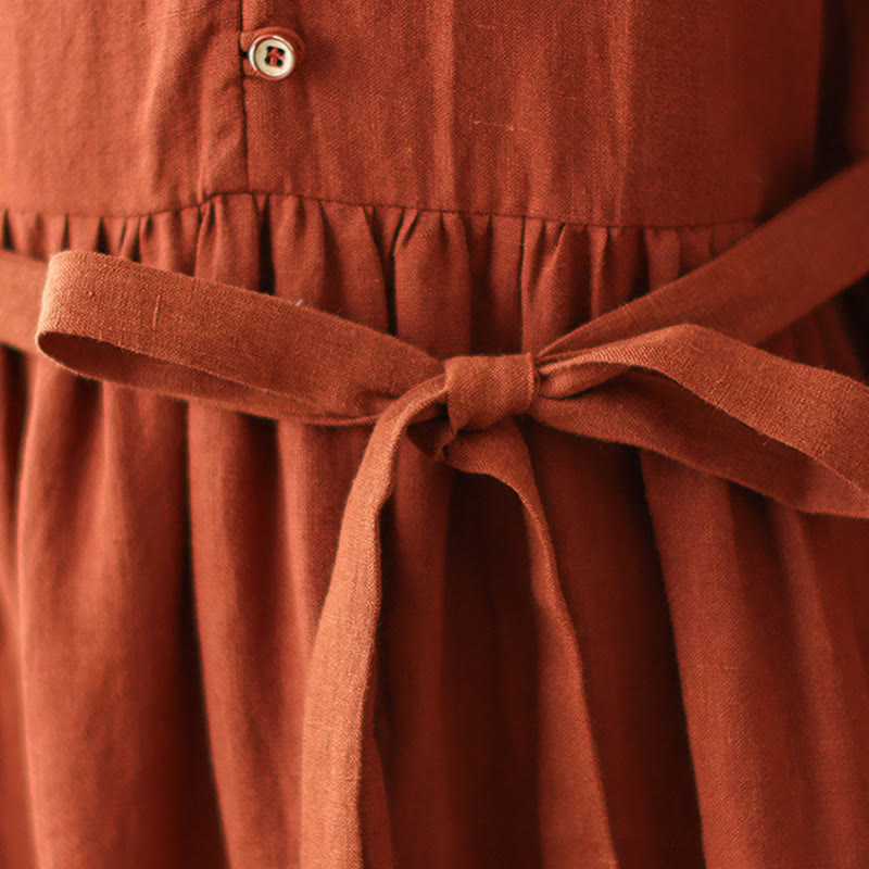 OrangeRed Lace-Up Design Long Sleeve Cotton Midi Dress With Pockets - Image 10