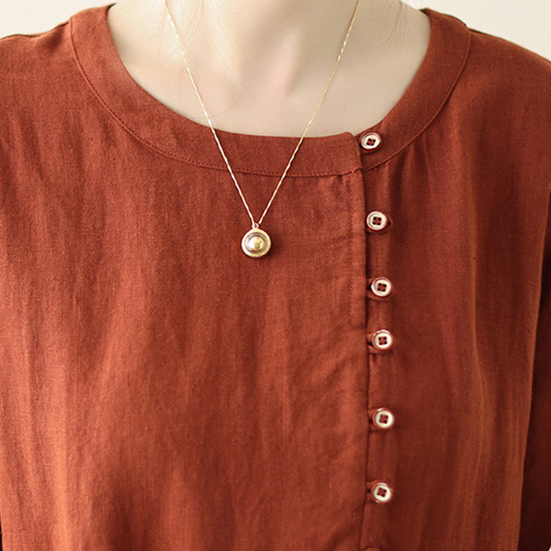 OrangeRed Lace-Up Design Long Sleeve Cotton Midi Dress With Pockets - Image 8