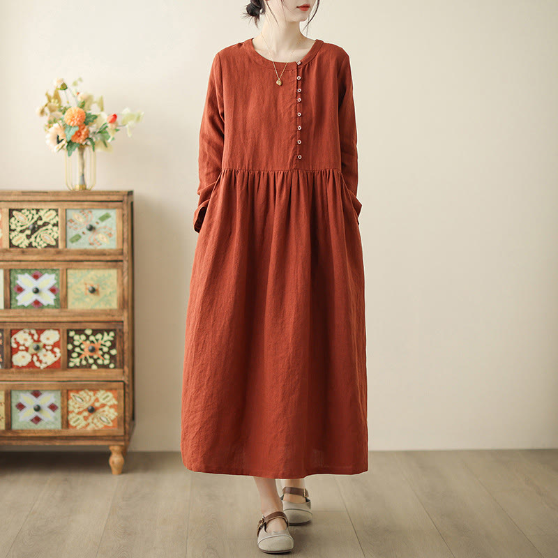 OrangeRed Lace-Up Design Long Sleeve Cotton Midi Dress With Pockets