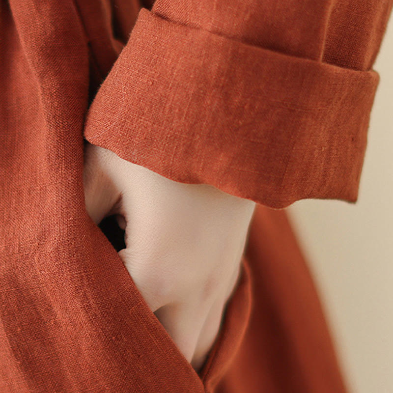 OrangeRed Lace-Up Design Long Sleeve Cotton Midi Dress With Pockets - Image 9